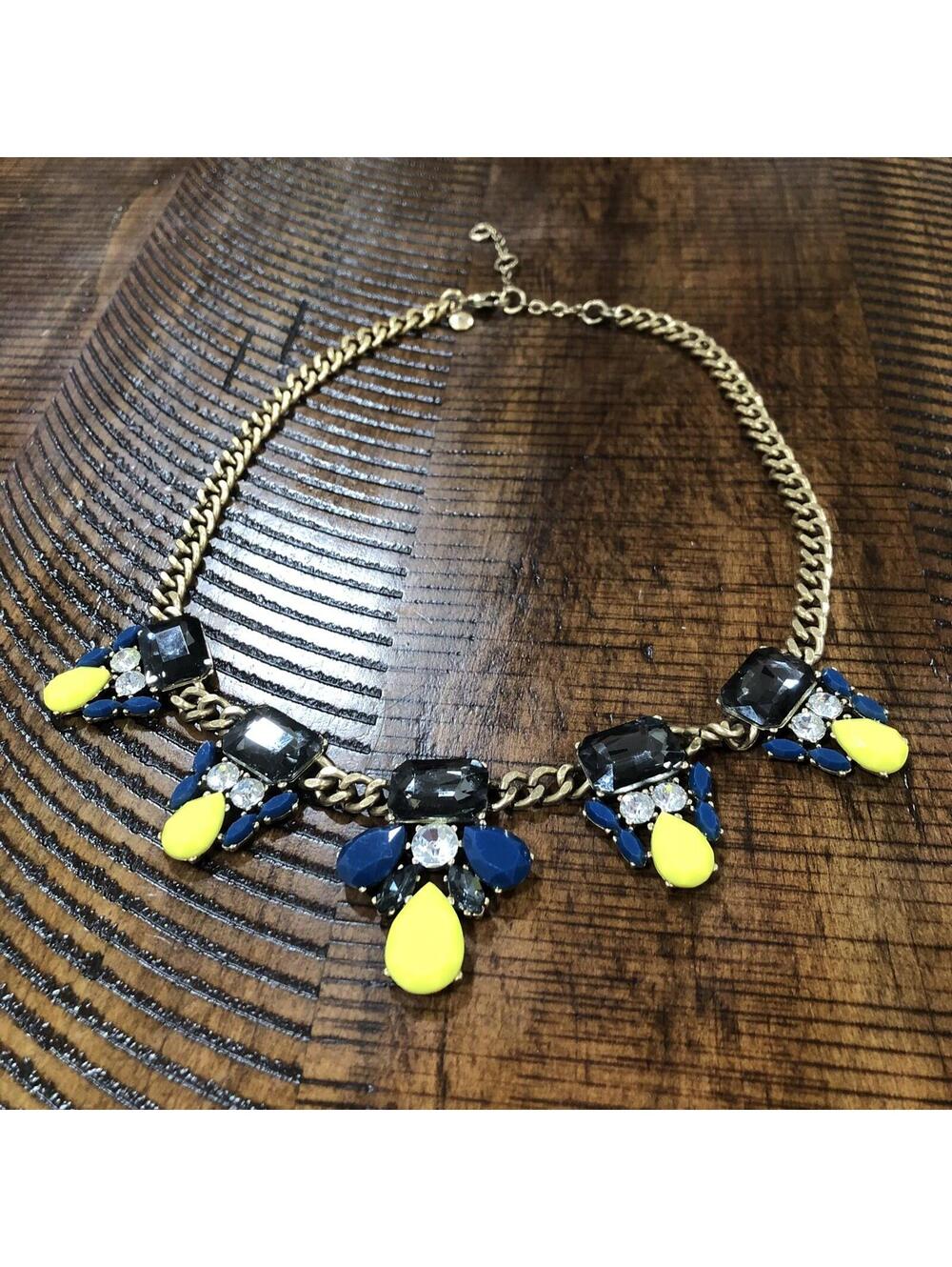 Vtg J. Crew Natural Stones Necklace With Blue and Chartreuse Rhinestone Necklace